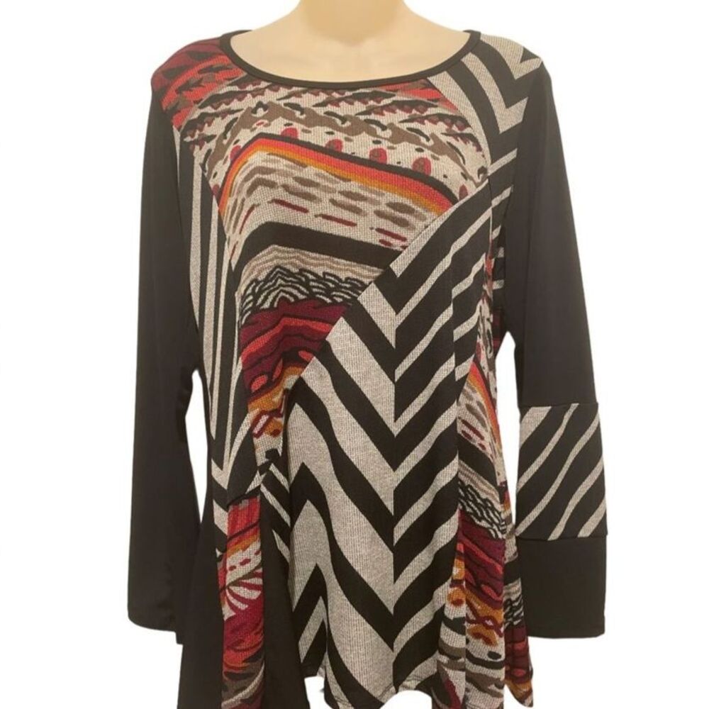 Fashque Studio Black Gray Abstract 3/4 Sleeve Tunic Top Size Medium
